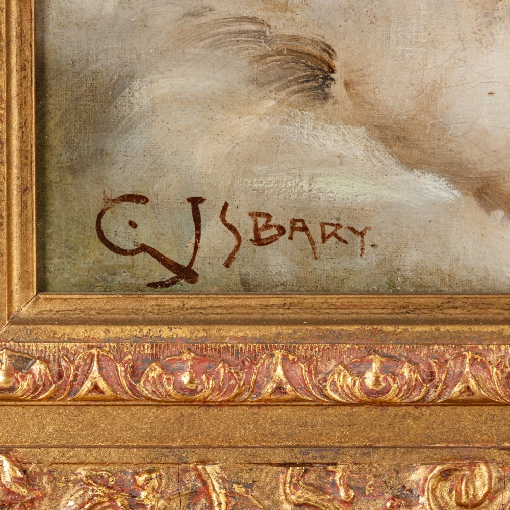 An antique oil painting on canvas depicting a smiling young woman wearing a light dress and feather stole inside an ornate gold gilt frame. View VI