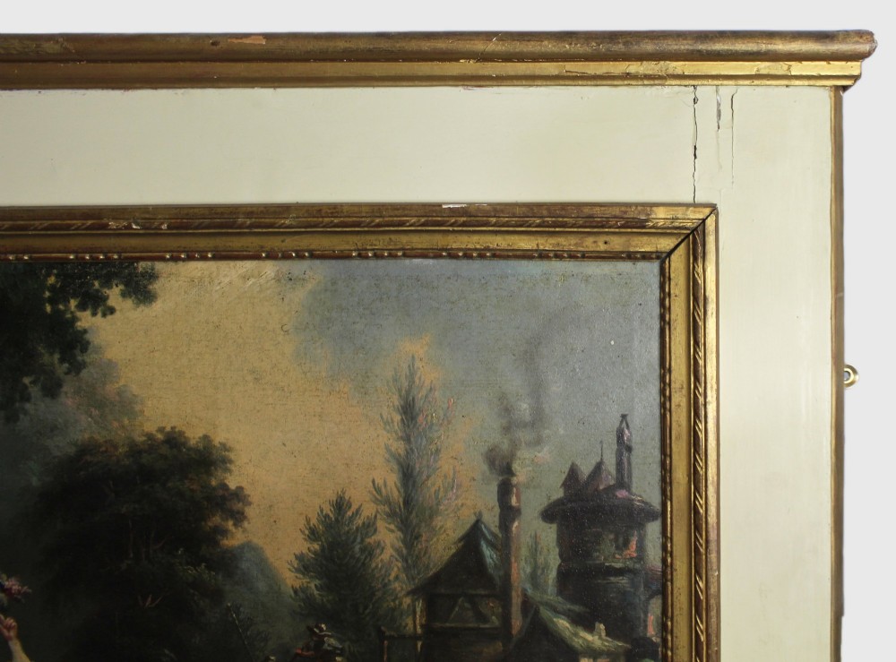A tall cream-painted French trumeau wall mirror featuring an upper framed pastoral oil painting and a lower rectangular mirror glass set within gilded mouldings. View V