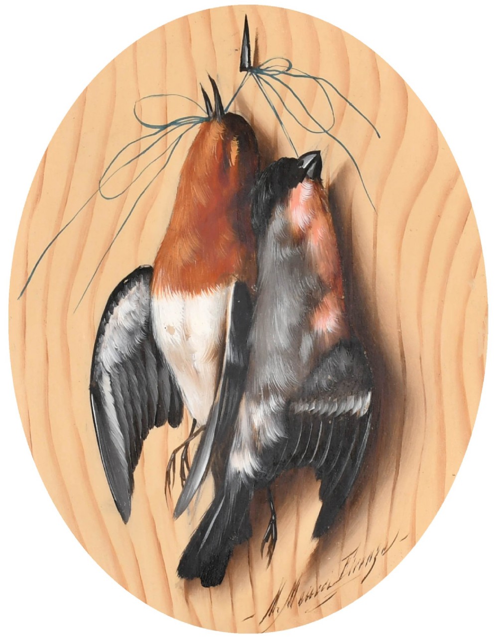 An oval oil painting on a wood panel depicting two hanging songbirds painted in trompe loeil style inside a wide wooden frame. View II