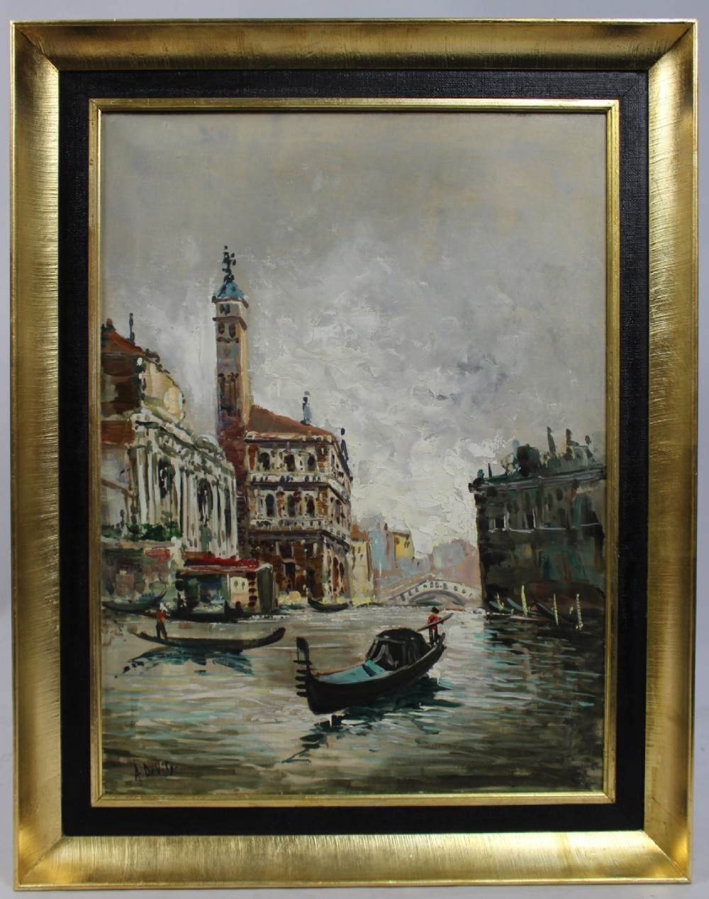 An oil painting on canvas depicting a Venetian canal with gondolas and historic architecture, presented in a gold and black frame.