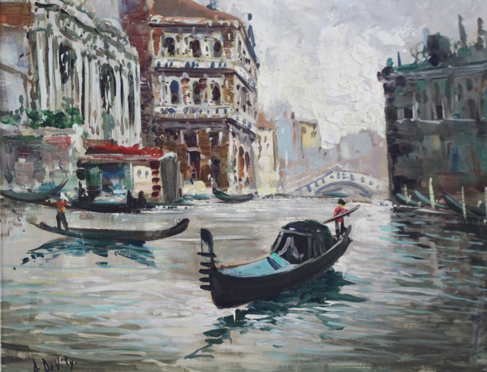 An oil painting on canvas depicting a Venetian canal with gondolas and historic architecture, presented in a gold and black frame. View III