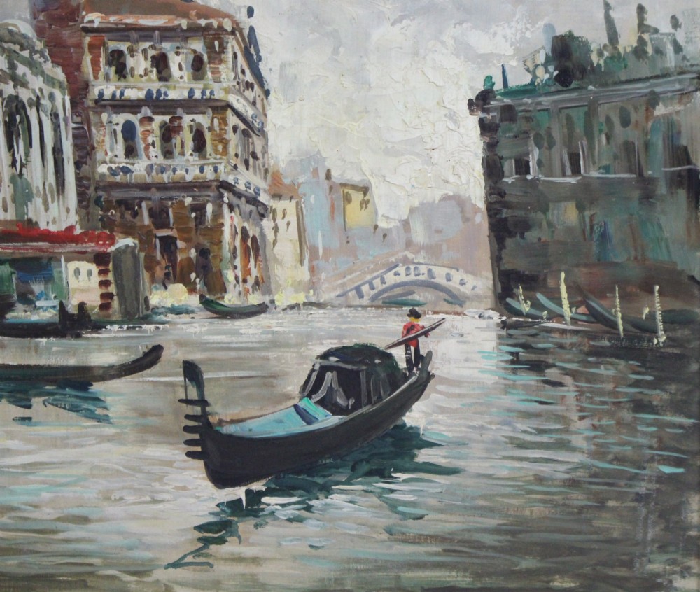 An oil painting on canvas depicting a Venetian canal with gondolas and historic architecture, presented in a gold and black frame. View IV