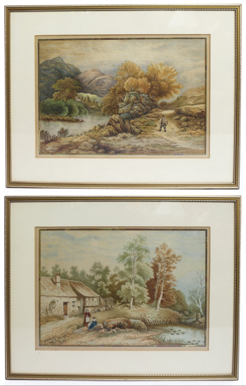 A pair of 19th-century framed watercolour paintings depicting rural landscape scenes with figures, cottages, trees, and water.