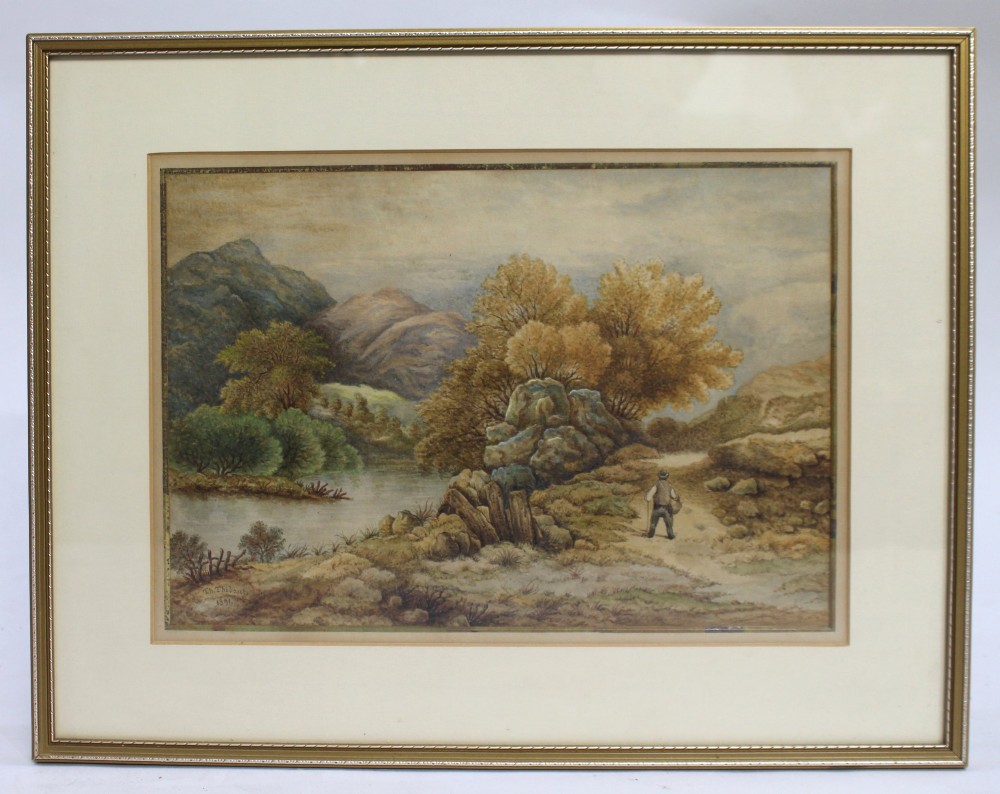 A pair of 19th-century framed watercolour paintings depicting rural landscape scenes with figures, cottages, trees, and water. View II