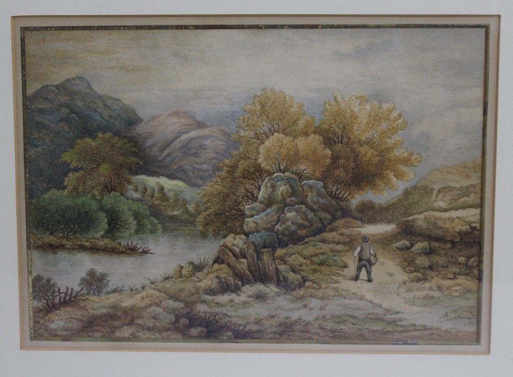 A pair of 19th-century framed watercolour paintings depicting rural landscape scenes with figures, cottages, trees, and water. View III