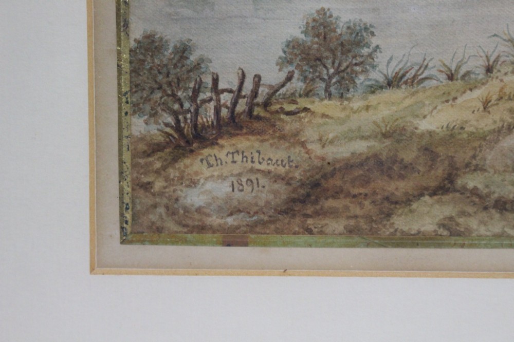 A pair of 19th-century framed watercolour paintings depicting rural landscape scenes with figures, cottages, trees, and water. View IV