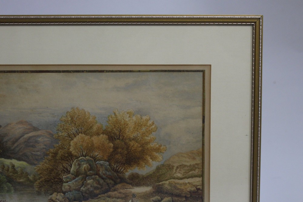 A pair of 19th-century framed watercolour paintings depicting rural landscape scenes with figures, cottages, trees, and water. View V