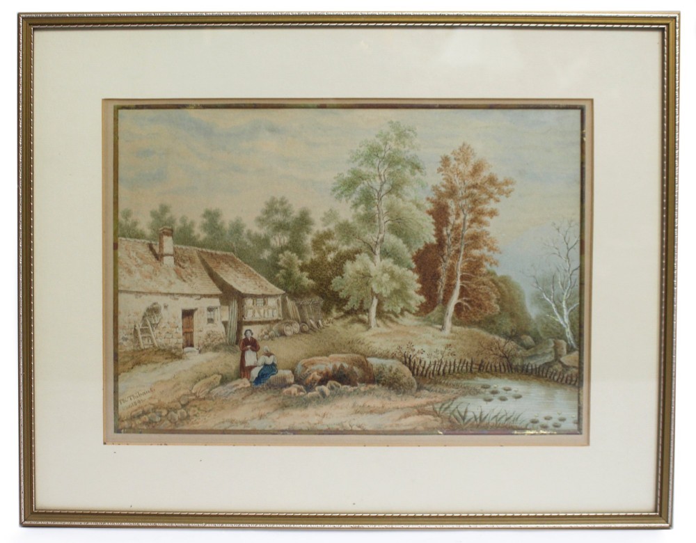 A pair of 19th-century framed watercolour paintings depicting rural landscape scenes with figures, cottages, trees, and water. View VII