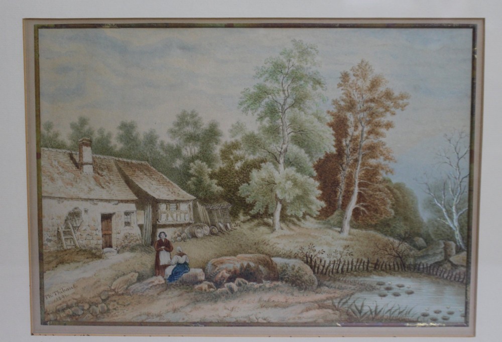 A pair of 19th-century framed watercolour paintings depicting rural landscape scenes with figures, cottages, trees, and water. View VIII