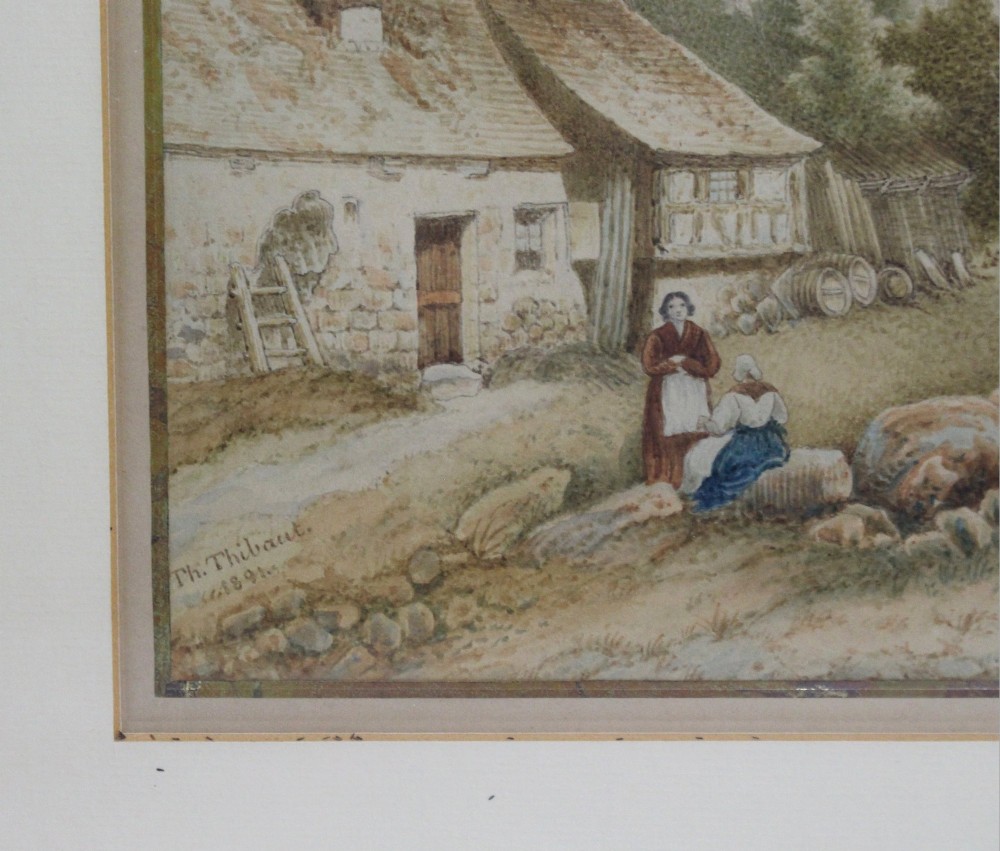 A pair of 19th-century framed watercolour paintings depicting rural landscape scenes with figures, cottages, trees, and water. View IX