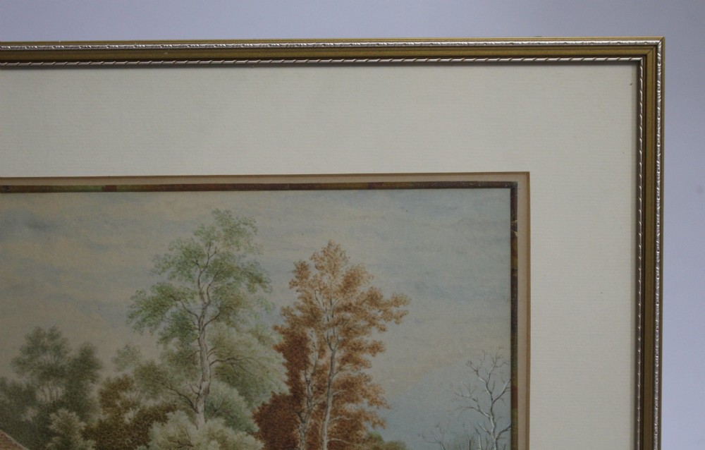 A pair of 19th-century framed watercolour paintings depicting rural landscape scenes with figures, cottages, trees, and water. View X