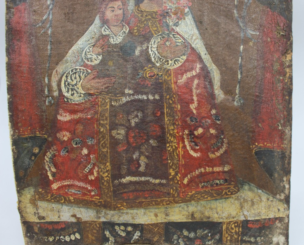 An 18th-century Andean colonial oil painting on canvas depicting the Madonna and Child clad in decorative red and gold patterned garments with a lace veil. View IV