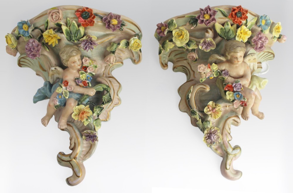 Pair of Meissen Style Rococo Revival Porcelain Cherub Wall Corbels