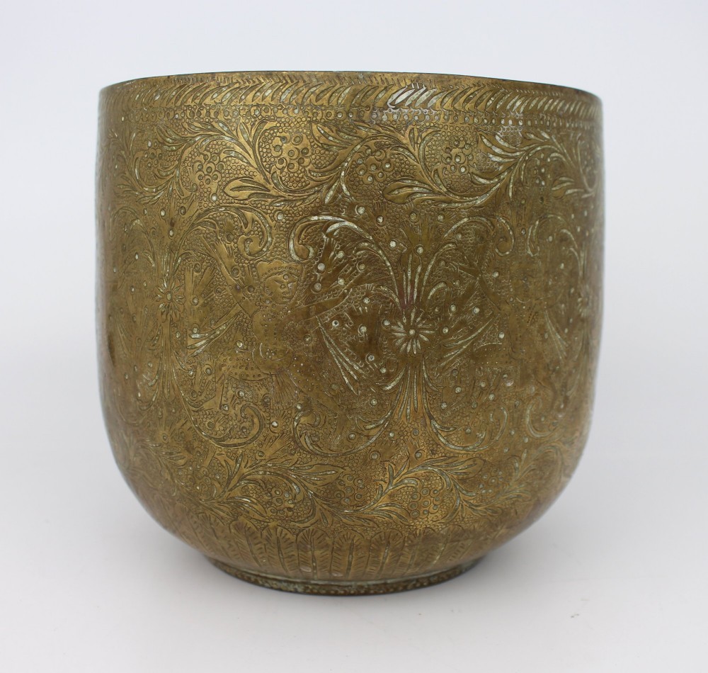 A rounded antique brass cachepot featuring densely hand-engraved floral foliage, figural motifs, and stippled background detailing. View III