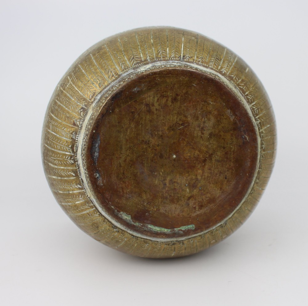 A rounded antique brass cachepot featuring densely hand-engraved floral foliage, figural motifs, and stippled background detailing. View VI