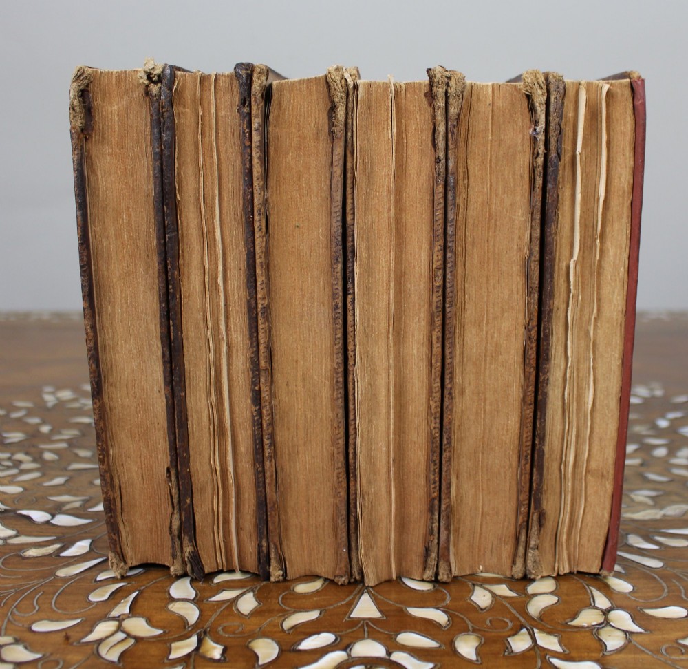 A six-volume set of eighteenth-century leather-bound books with distressed brown spines and gilt lettering standing upright. View V