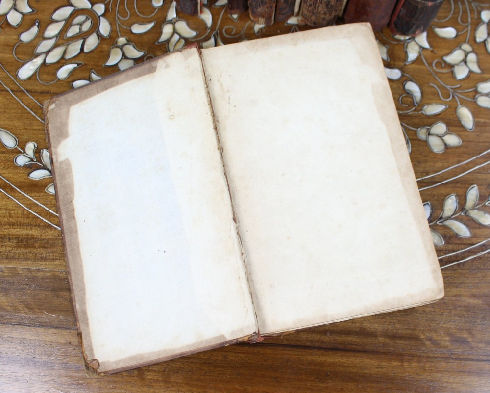A six-volume set of eighteenth-century leather-bound books with distressed brown spines and gilt lettering standing upright. View VIII