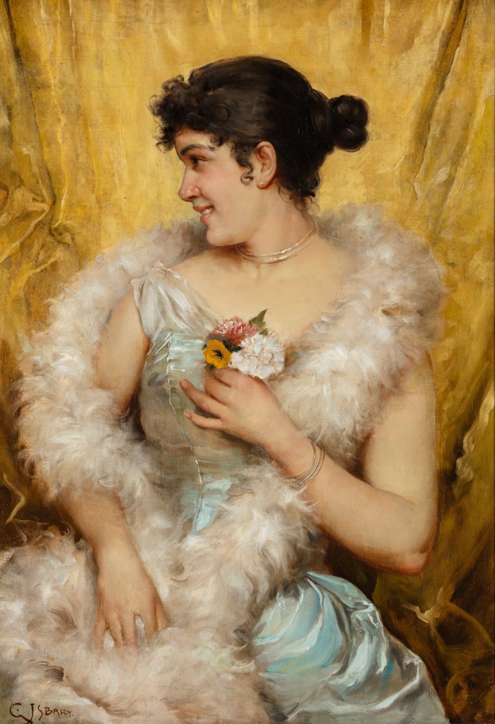 An antique oil painting on canvas depicting a young woman wearing a satin dress and feather boa, set within an ornate carved gilt frame. View II