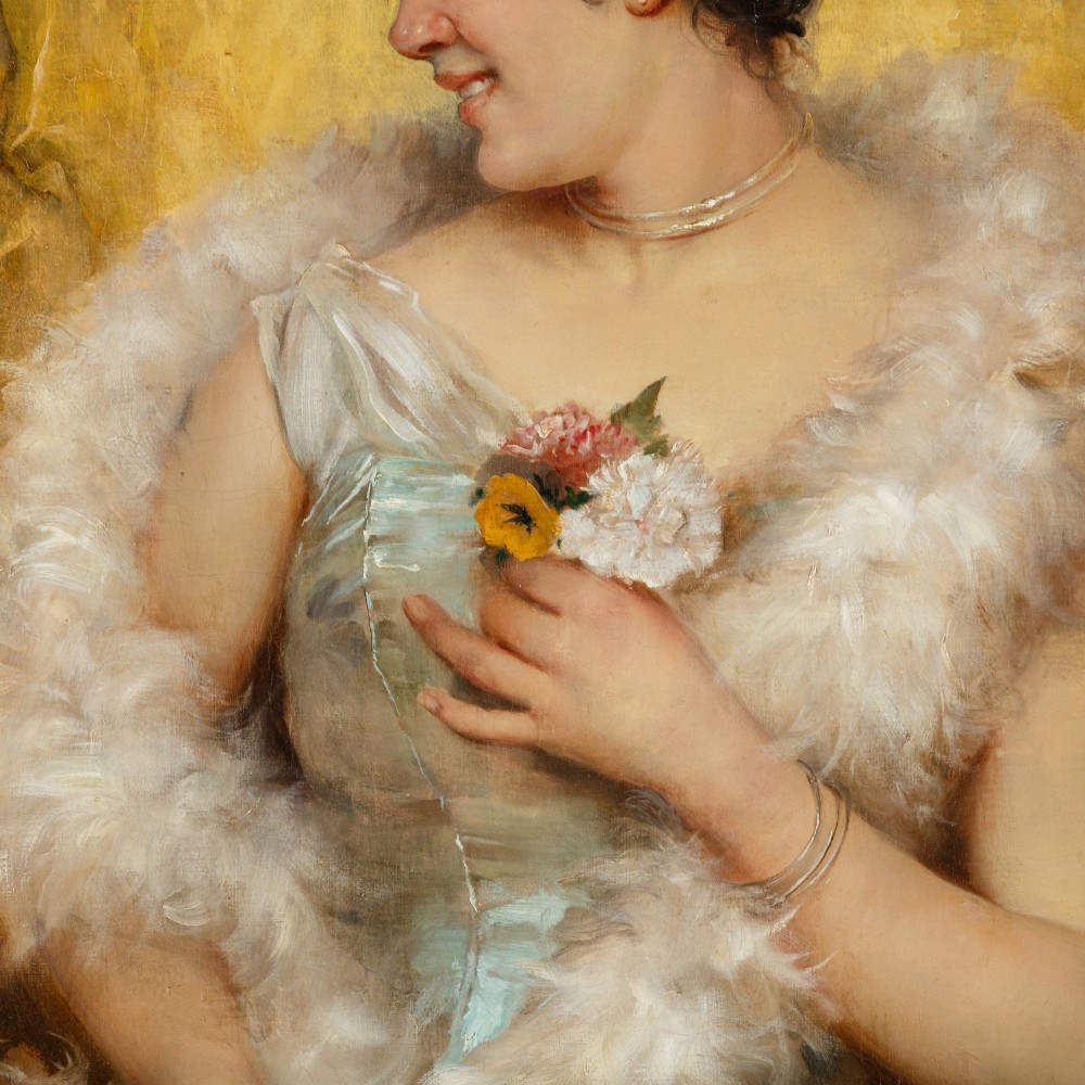 An antique oil painting on canvas depicting a young woman wearing a satin dress and feather boa, set within an ornate carved gilt frame. View IV
