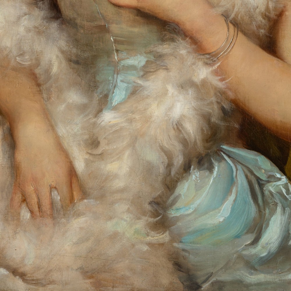 An antique oil painting on canvas depicting a young woman wearing a satin dress and feather boa, set within an ornate carved gilt frame. View V