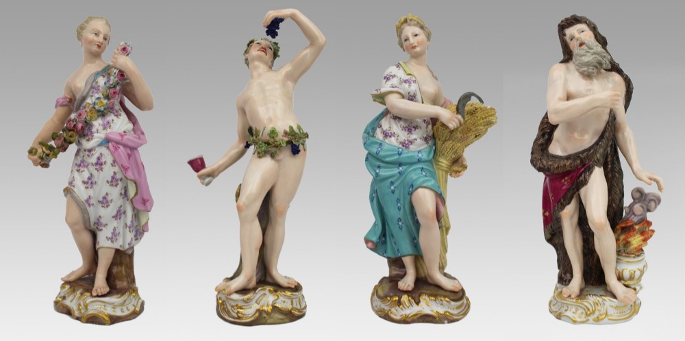 A set of four 19th-century hand-painted porcelain figurines representing the seasons standing on gilded scroll bases. View II