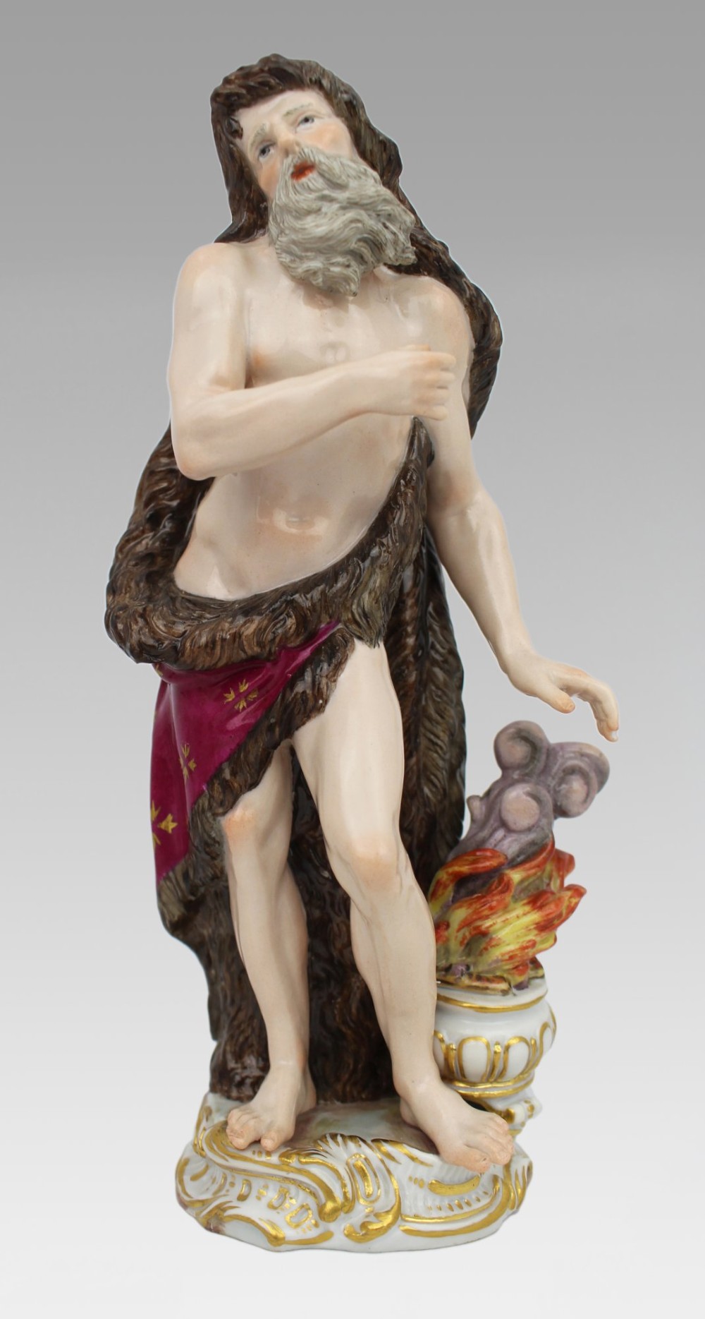 A set of four 19th-century hand-painted porcelain figurines representing the seasons standing on gilded scroll bases. View XIII