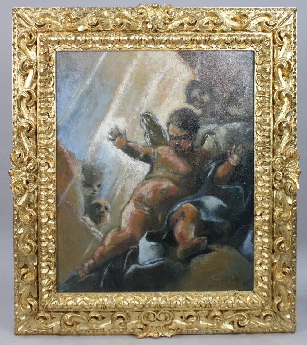 An Italian Renaissance style oil painting depicting cherub figures illuminated by light, housed inside a deeply carved gilded wood frame.