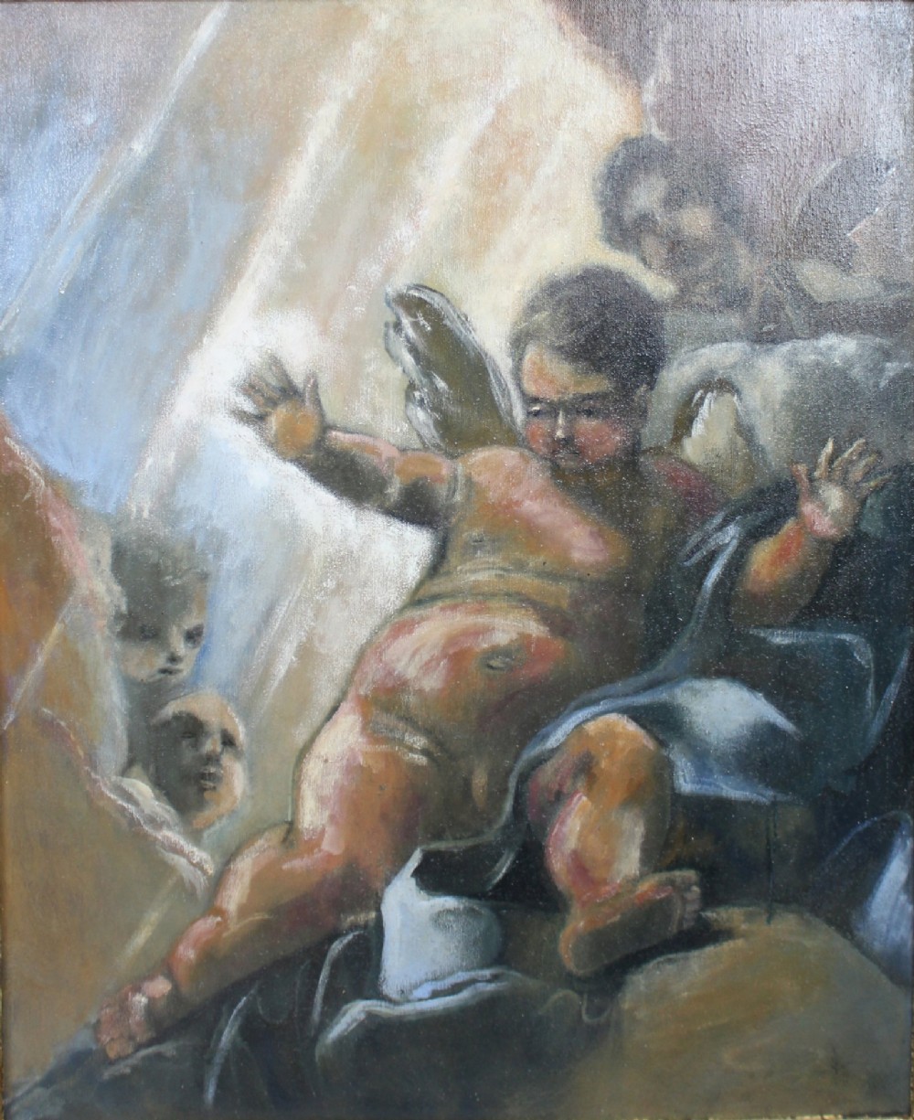 An Italian Renaissance style oil painting depicting cherub figures illuminated by light, housed inside a deeply carved gilded wood frame. View II