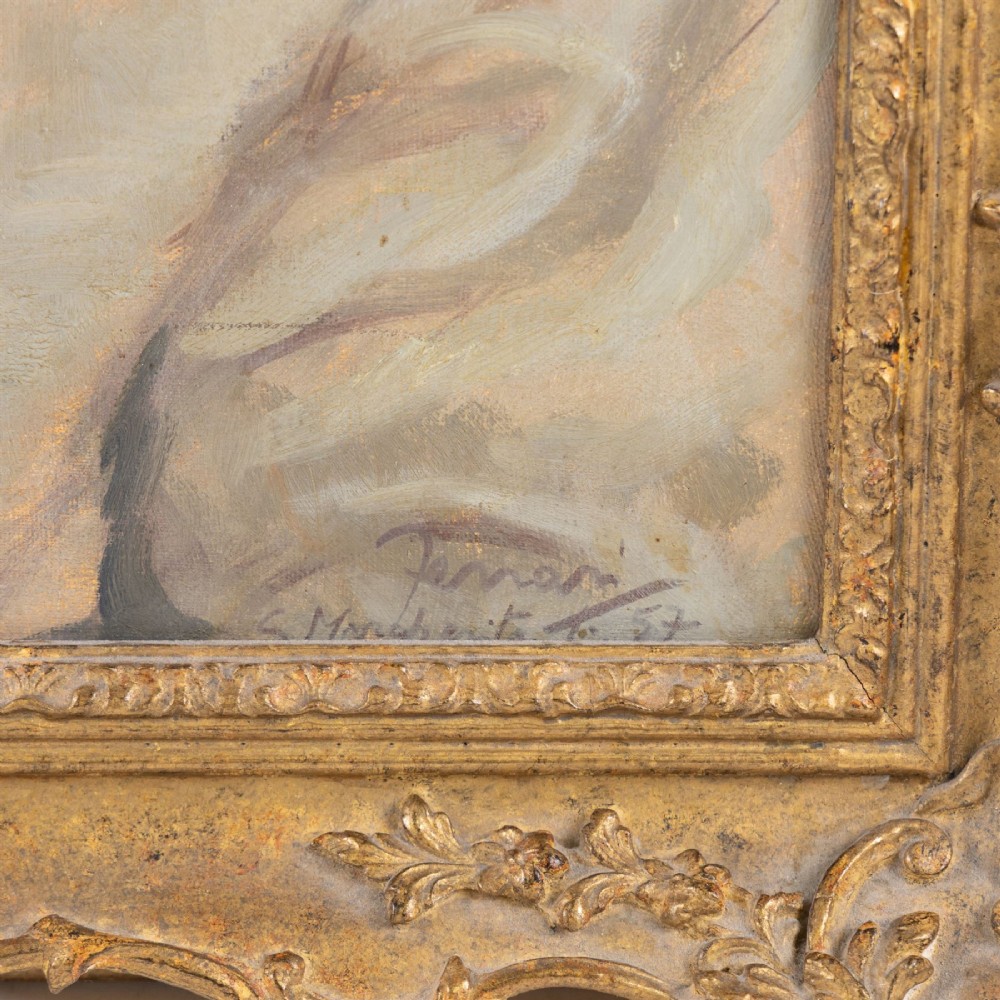 A pair of mid-twentieth-century Italian oil portraits depicting a man and a woman, presented in matching ornate swept gilt frames. View V