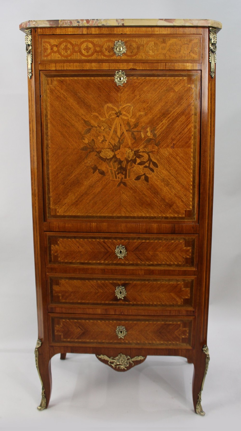 A tall 19th-century French Louis XV style escritoire featuring floral marquetry inlays on a drop-front fall, three lower drawers, cabriole legs, gilt metal mounts, and a marble top. View II