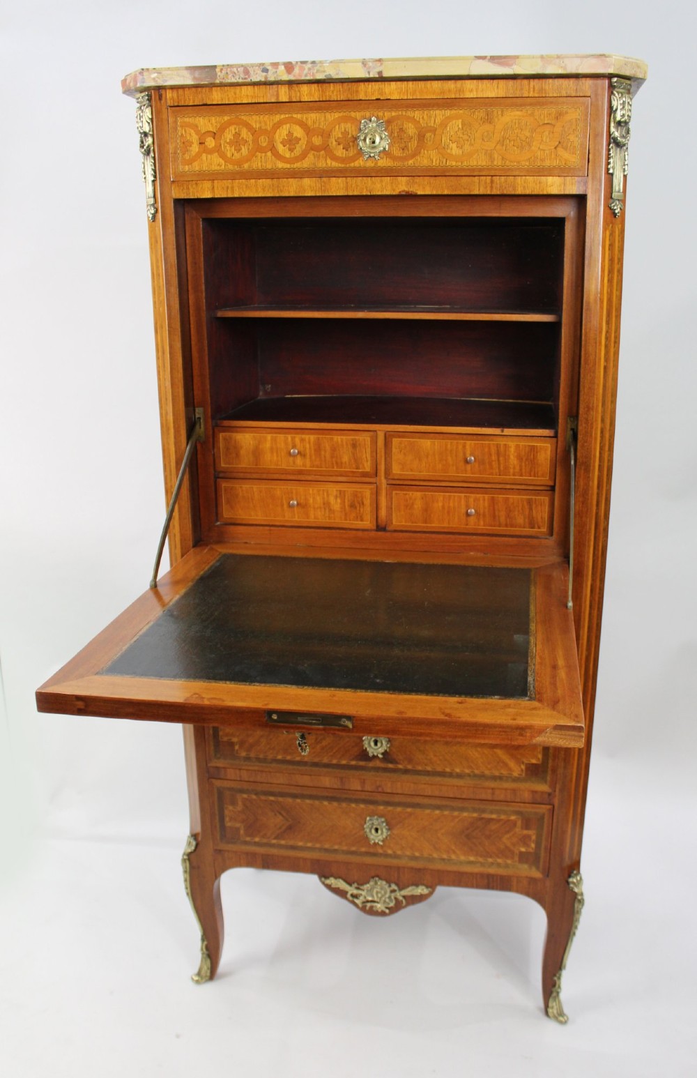 A tall 19th-century French Louis XV style escritoire featuring floral marquetry inlays on a drop-front fall, three lower drawers, cabriole legs, gilt metal mounts, and a marble top. View VIII