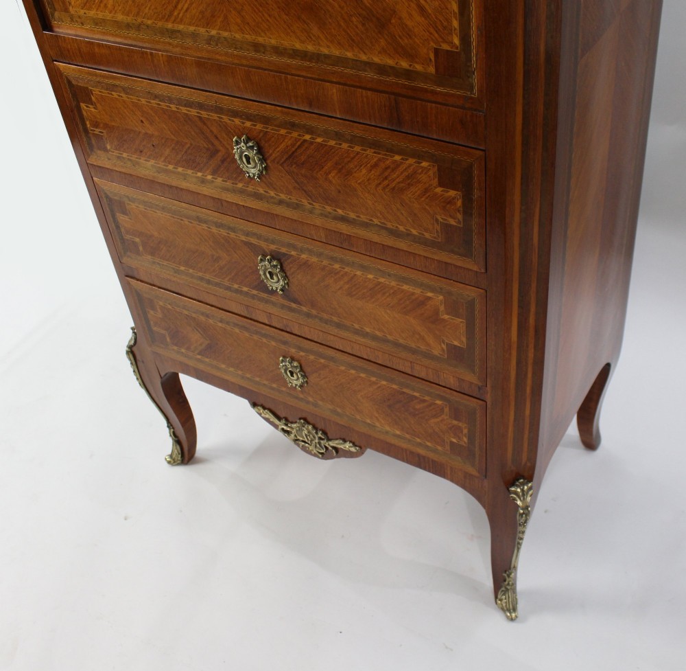 A tall 19th-century French Louis XV style escritoire featuring floral marquetry inlays on a drop-front fall, three lower drawers, cabriole legs, gilt metal mounts, and a marble top. View IX