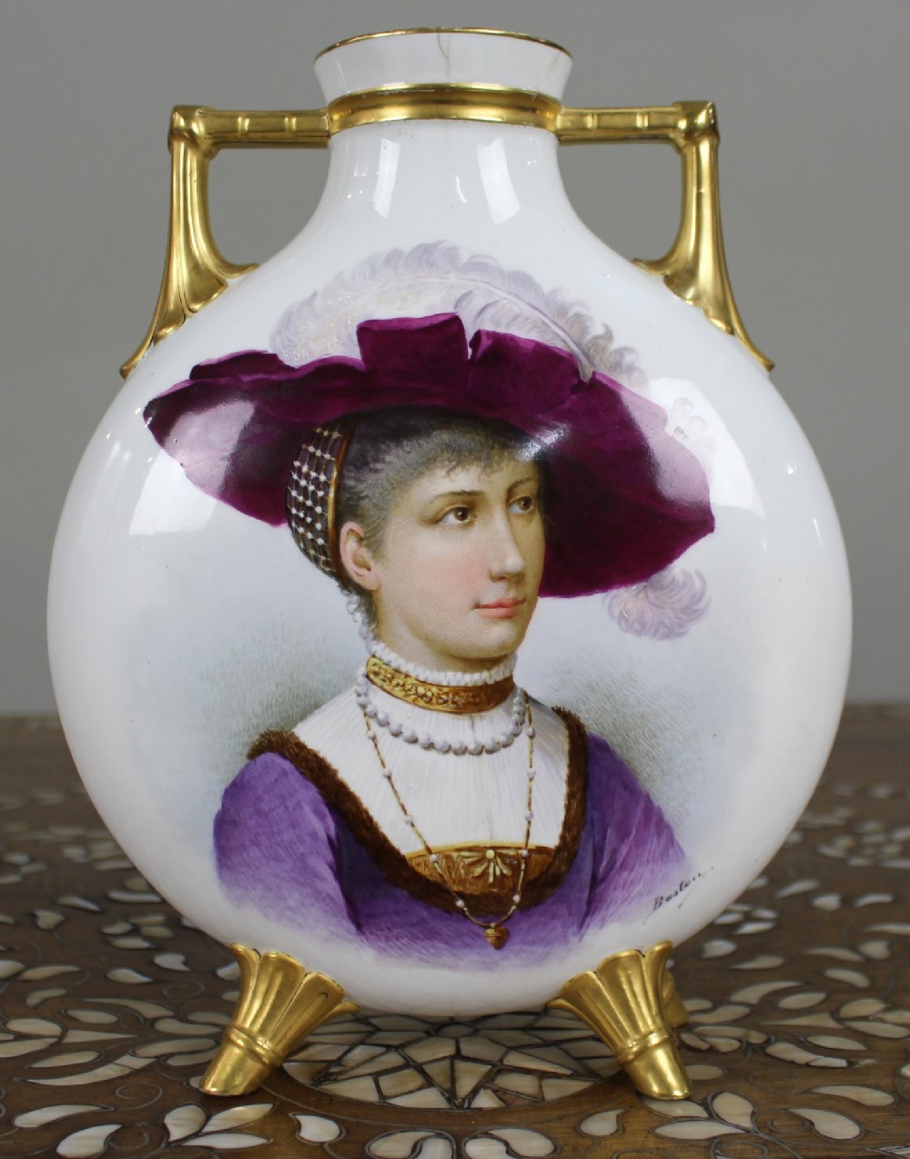 Austrian Hand Painted & Gilded Moon Flask Vase Signed Baston c.1890