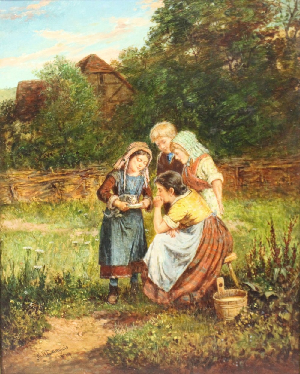 A 19th-century Victorian oil painting depicting children in a field feeding a kitten, displayed in a heavily carved gold leaf frame. View II