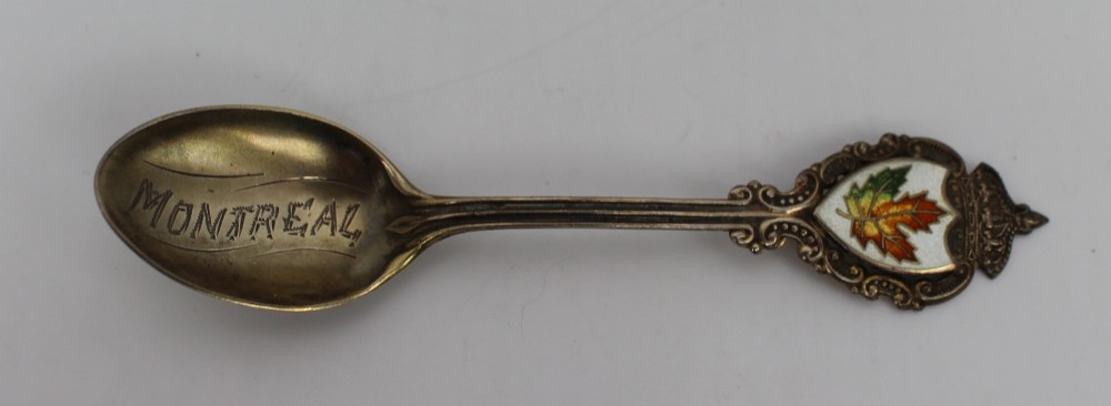 A cased set of six sterling silver demitasse spoons featuring colourful enamelled crest finials set inside a textured brown presentation box. View III