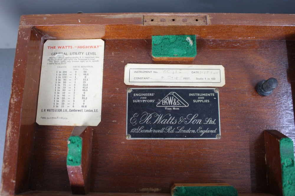 A vintage black metal surveyor level set inside its original fitted wooden transport box with a leather strap and manufacturer label. View IV