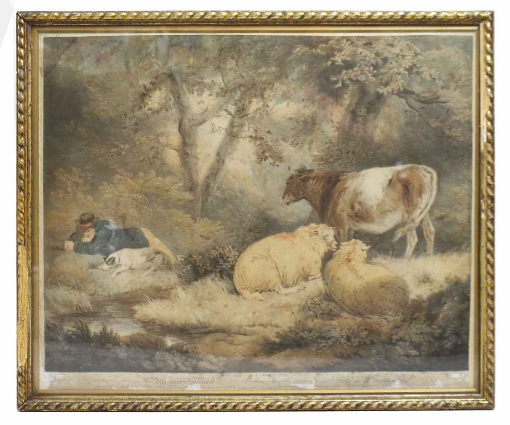 A framed Georgian coloured mezzotint depicting a resting figure, a dog, cattle, and sheep in a countryside landscape within a gilt twist-moulded frame.