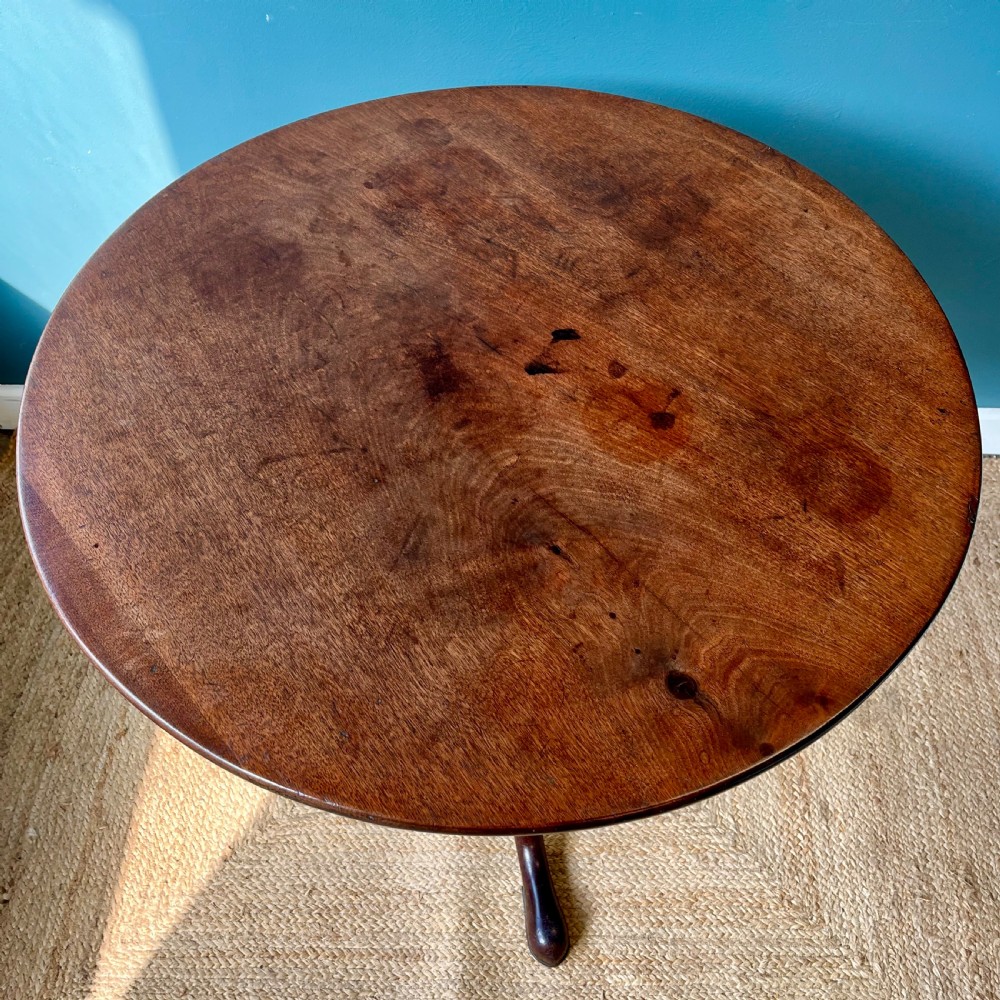 A Georgian mahogany tilt-top tripod table featuring a circular top, turned stem with a spiral carved knop, and three cabriole legs with pad feet. View IX