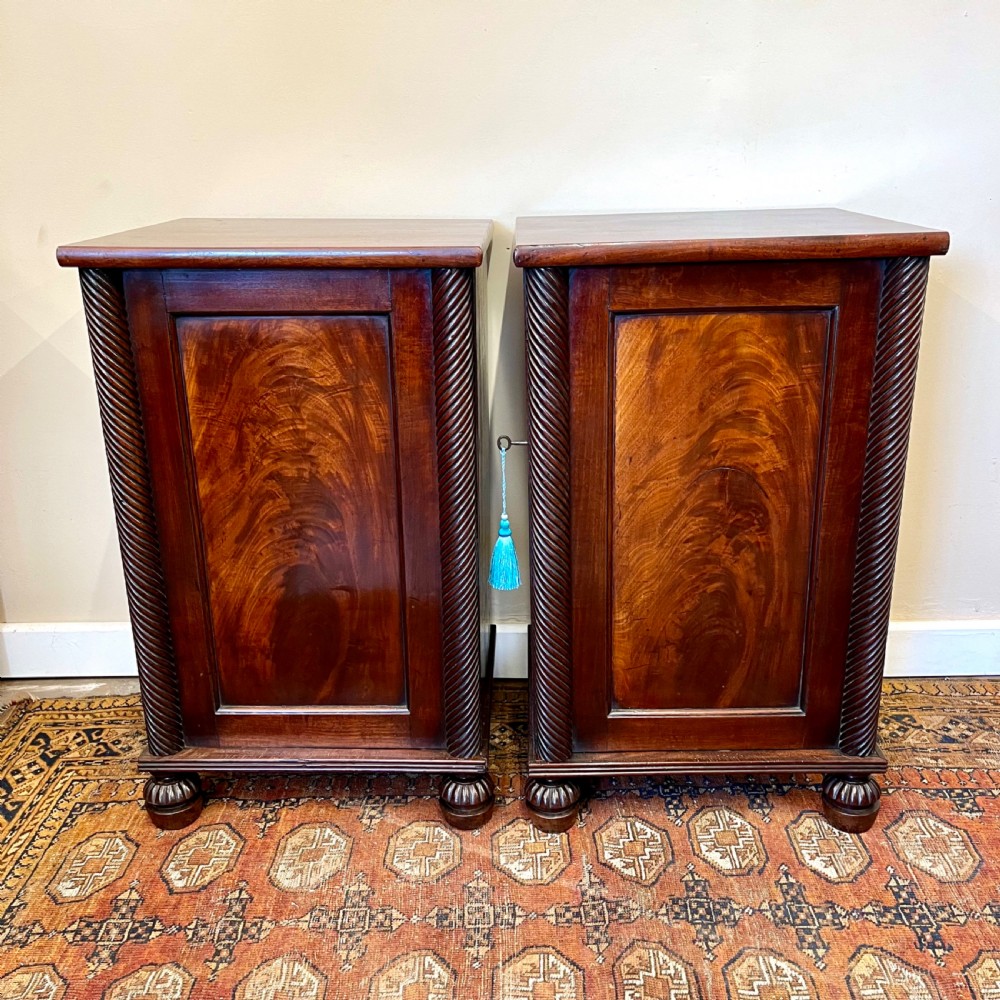 A pair of 19th-century mahogany bedside cupboards featuring flame mahogany panel doors, rope-twist carved side details, and turned feet. View II