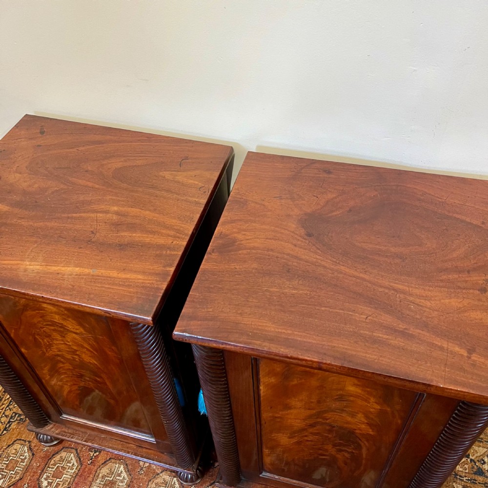 A pair of 19th-century mahogany bedside cupboards featuring flame mahogany panel doors, rope-twist carved side details, and turned feet. View VI
