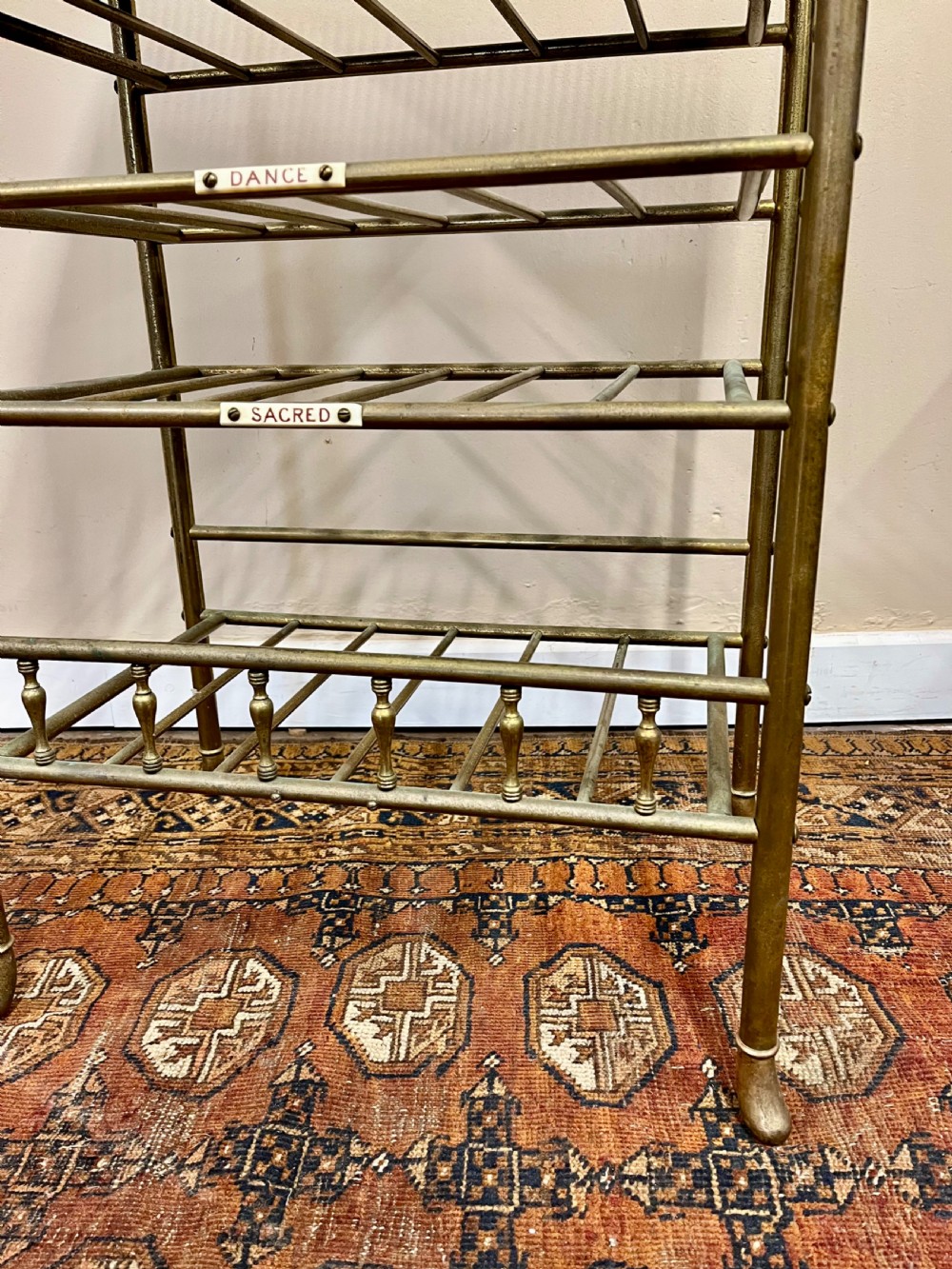 19th century ebonised and brass sheet music stand shelves View IV