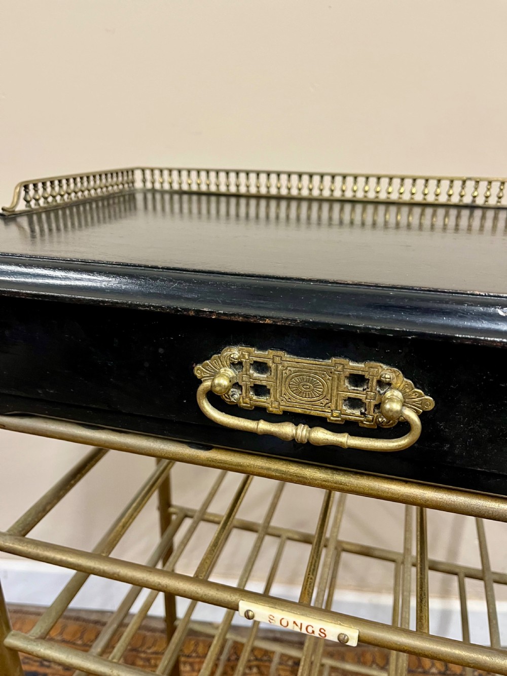 19th century ebonised and brass sheet music stand shelves View V