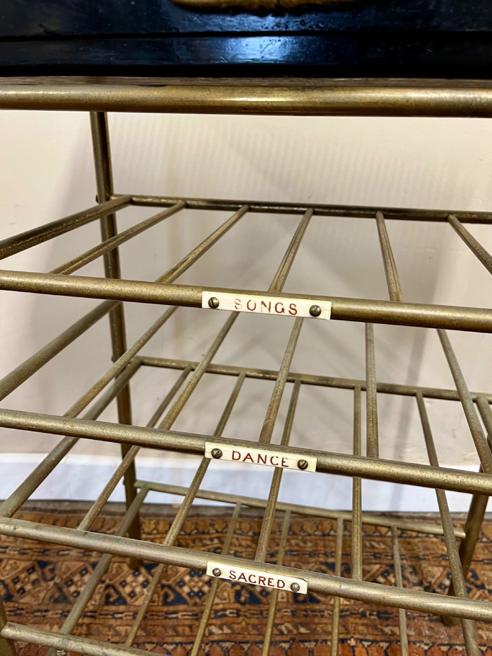19th century ebonised and brass sheet music stand shelves View VI
