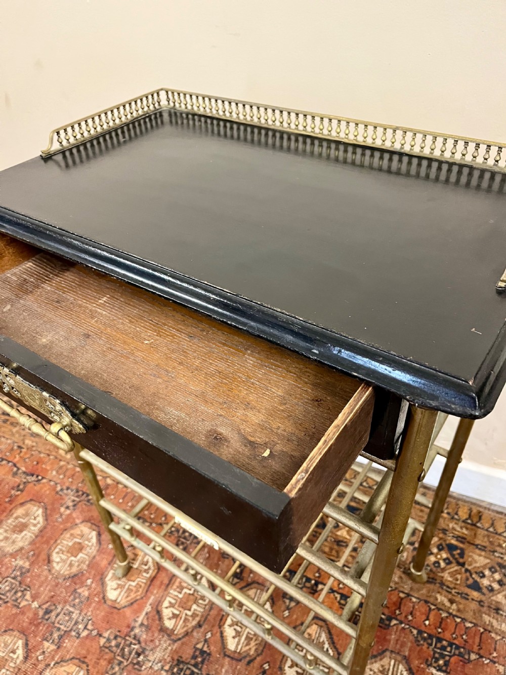 19th century ebonised and brass sheet music stand shelves View VII