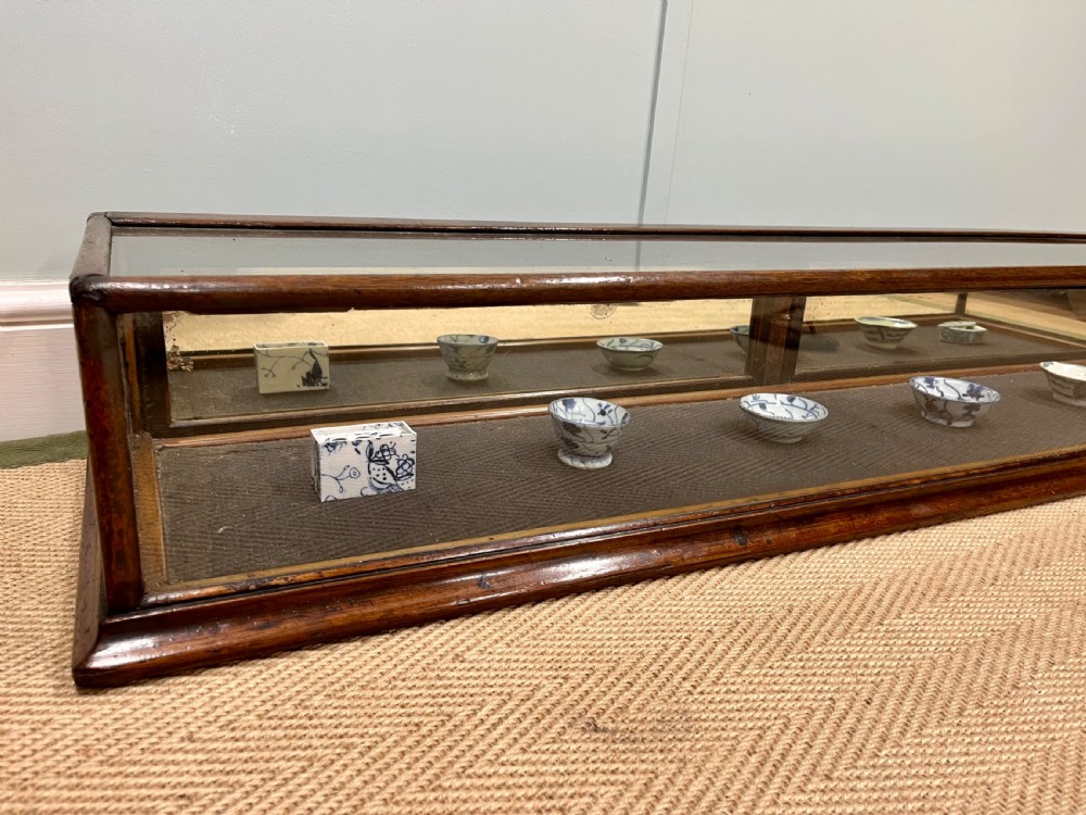 A long, low Victorian mahogany and glass tabletop display case with a moulded base and glazed panels. View VII