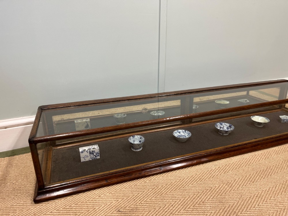 A long, low Victorian mahogany and glass tabletop display case with a moulded base and glazed panels. View IX