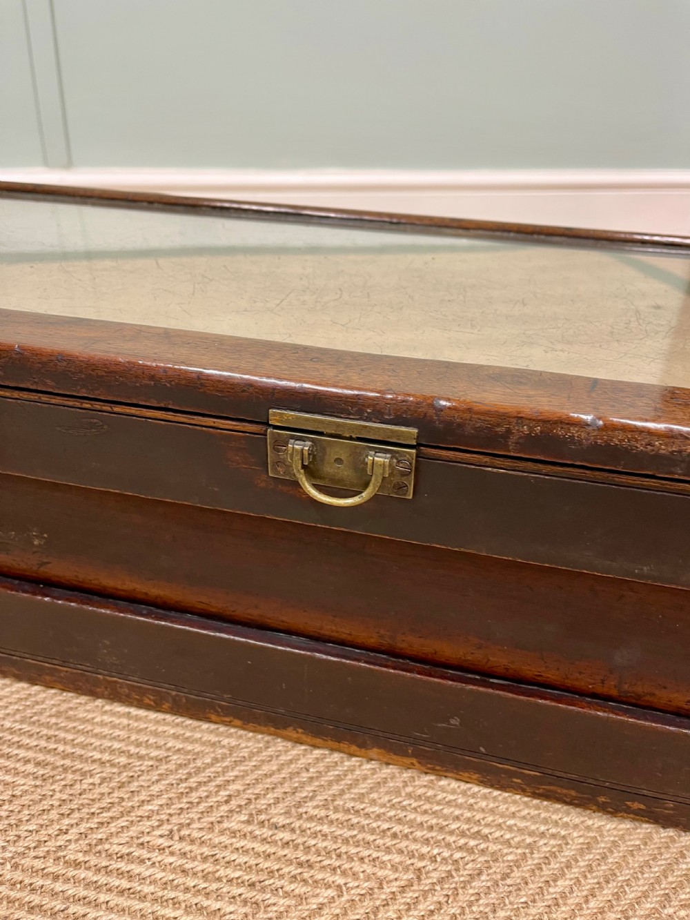 A long, low Victorian mahogany and glass tabletop display case with a moulded base and glazed panels. View XII