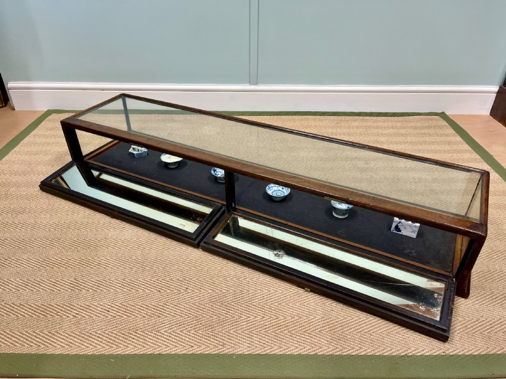 A long, low Victorian mahogany and glass tabletop display case with a moulded base and glazed panels. View XV