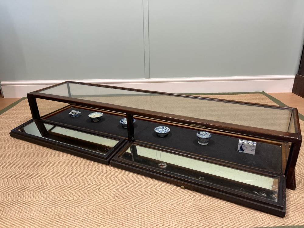 A long, low Victorian mahogany and glass tabletop display case with a moulded base and glazed panels. View XVII