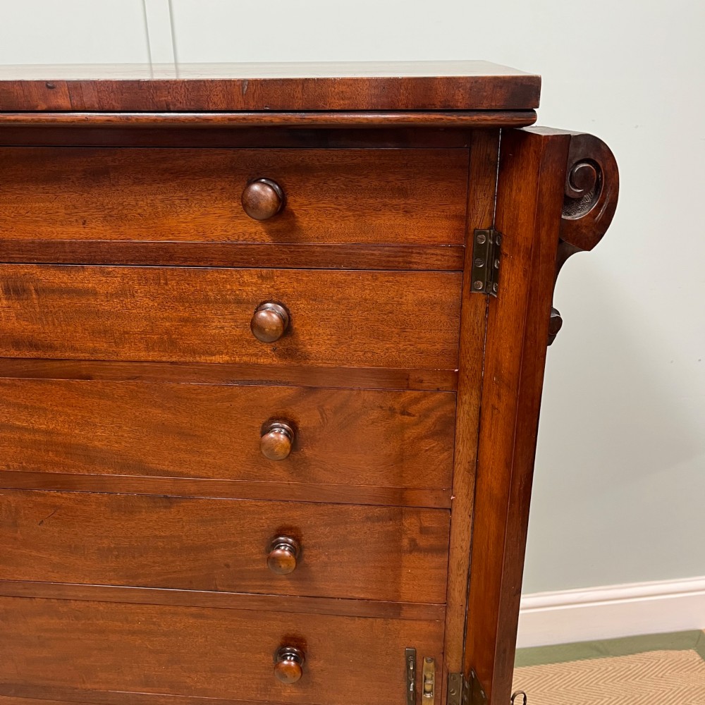A tall Victorian mahogany Wellington chest featuring eight graduated drawers with turned wooden knobs, carved corbels at the top, and a side hinged locking flap on a plinth base. View III